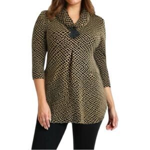 Tyler Boe‎ Cowl Neck Front Pocket Geometric Black/Gold Print Dress - L